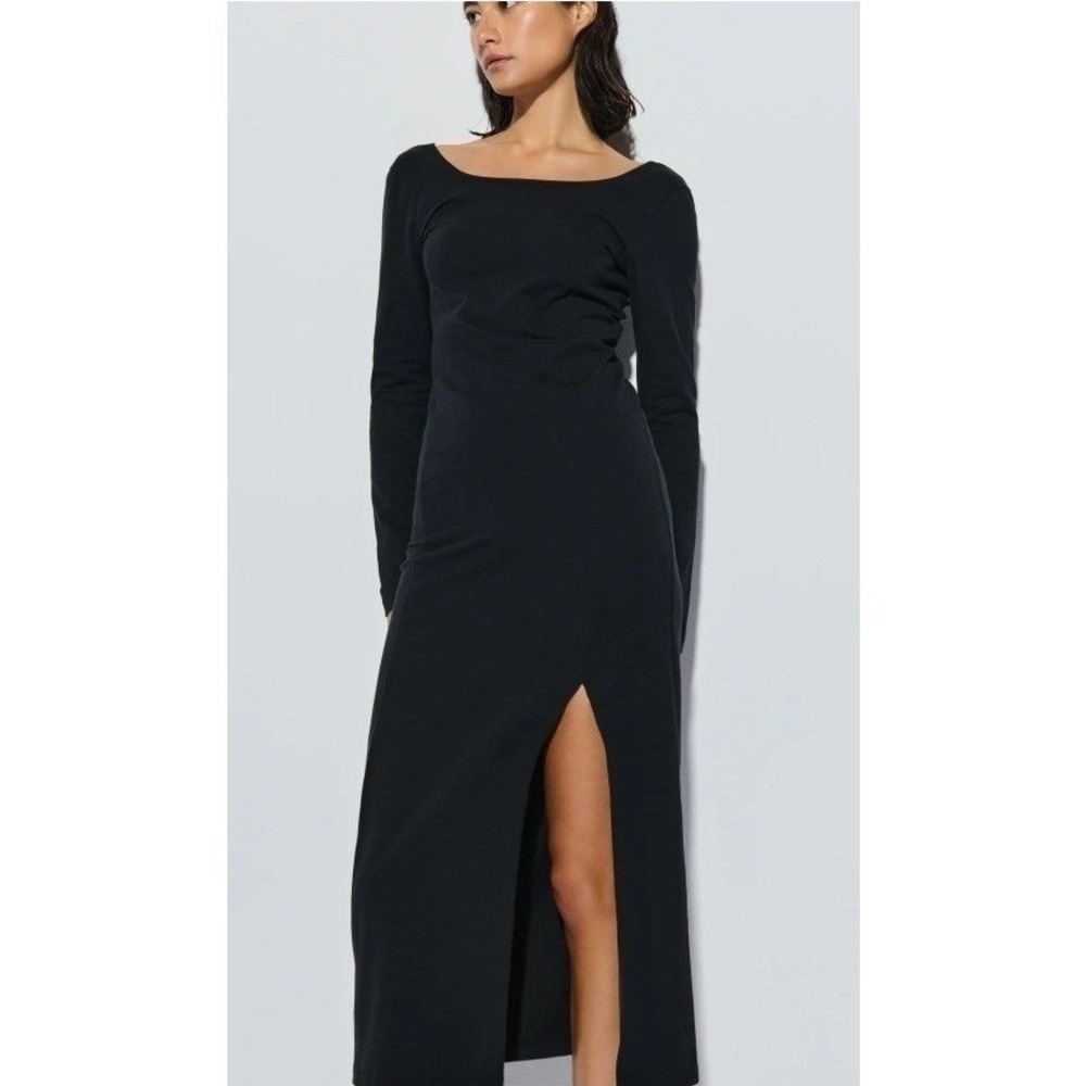 Nation Los Angeles Alma Black Cotton‎ Long Sleeve Midi Dress Large Slit Low Back